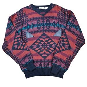 Vintage 80s 90s Men Southwestern Geo Knit Sweater Leather Red Large Grandpacore